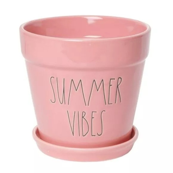 NEW Rae Dunn ‘SUMMER VIBES’ Ceramic Garden Planter Flower Pot in Pink and Tray - Picture 1 of 1